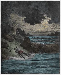 Purgatorio, canto 5: O corpo de Buonconte (Bonconte) da Montefeltro no Arno, ilustração da Divina Comédia de Dante Alighieri, 1885